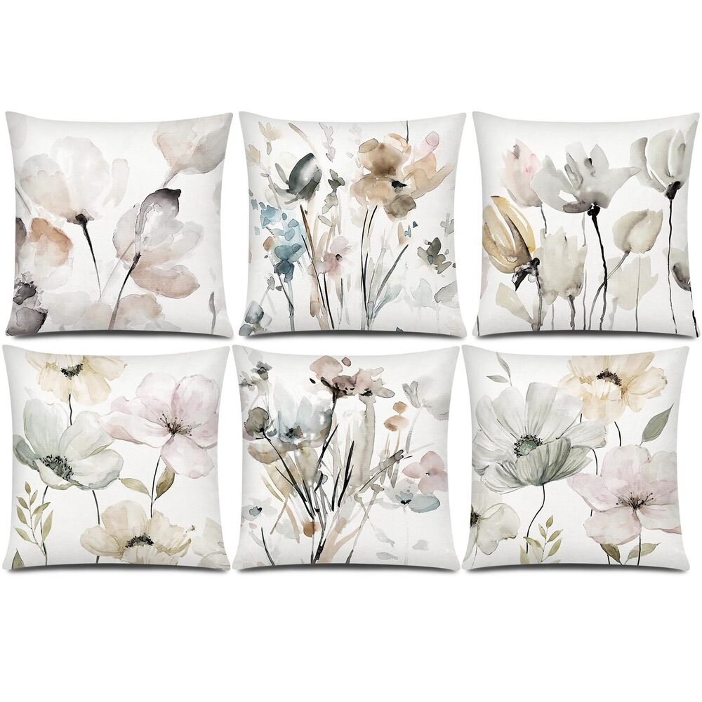 8710 Brown White Grey Pillow Covers 16x16 Set of 6, Watercolor Flower Throw
